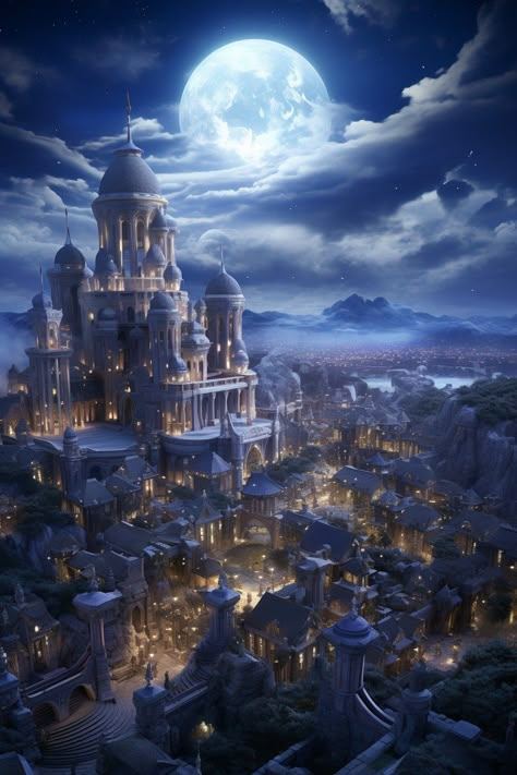 Moon City Fantasy Art, Fantasy Places Mystic, Fantasy Kingdom Aesthetic, Lunar Kingdom, Fire Kingdom, Imaginary Places, Lost City Of Atlantis, Moon Kingdom, Galaxy Images