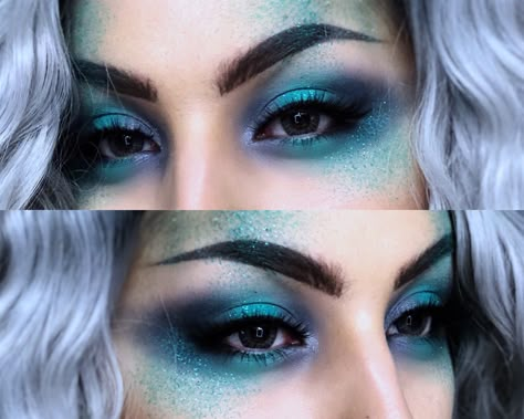 Blue Witch Makeup, Water Witch Makeup, Hades Makeup, Hades Makeup Female, Blue Elf Makeup, Ocean Theme Makeup, Blue Fairy Makeup, Gothic Mermaid Makeup, Water Makeup Looks