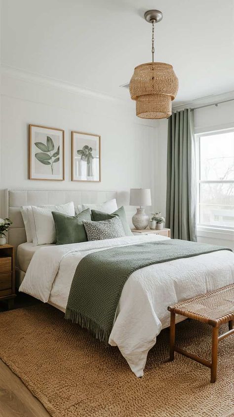 Pure White Bedroom Ideas, Master Bedrooms Decor With Color, Bedroom Ideas Greens, Bedroom Ideas Green And Beige, Sage Green Accents Bedrooms, Sage Green Bedroom French Country, Green Bedroom Ideas Boho, Sage House Interior, Sage Green Bedroom Oak Furniture