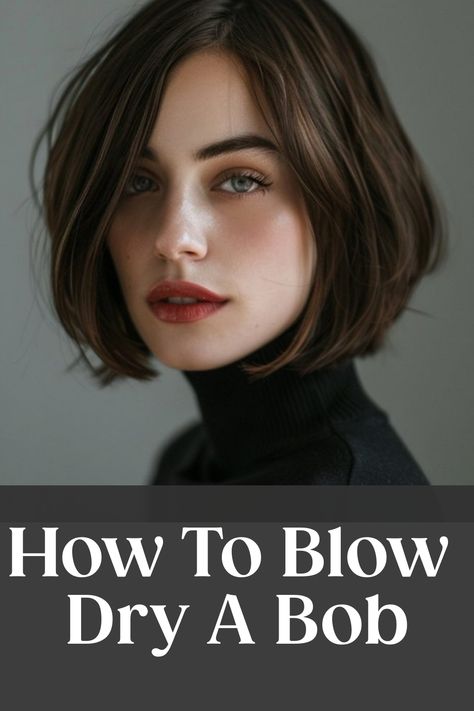 Woman with a stylish bob haircut demonstrates the outcome of blow-drying technique. How To Blow Dry Short Layered Hair, Blow Dry Bob For Volume, How To Blowdry Short Hair, Blow Dry Bob, How To Blow Dry Hair For Volume, How To Blow Dry Hair, Blow Dry Hair For Volume, Bob Blowout, Diy Blowout