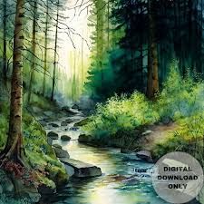 painting river in woods - Google Search Forest Cabin Painting, Art Ethereal, Painted Landscapes, Forest Stream, Hidden Forest, Travel Art Journal, Forest Cabin, Breathtaking Beauty, Forest River