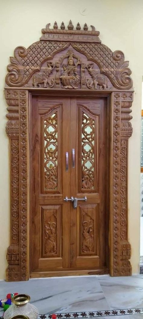 Main Door Design Entrance Modern, Main Door Design Entrance, Indian Main Door Designs, Door Design Entrance, Pooja Room Door, Door Carving, Pooja Door, Pooja Door Design, Flush Door Design