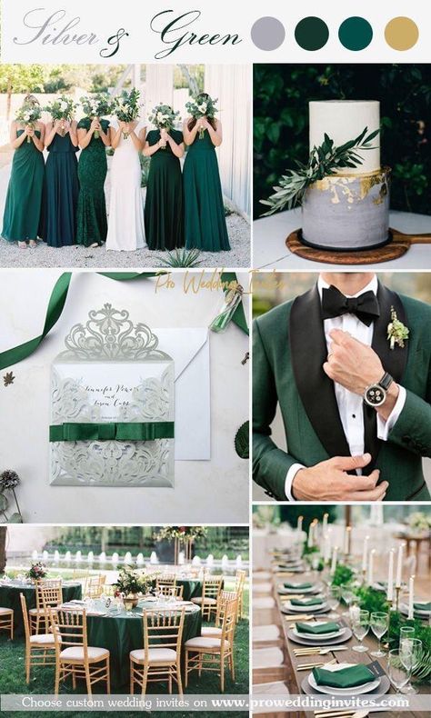 Green Silver Wedding Theme, Green Silver Wedding, Emerald Wedding Colors, Silver Wedding Theme, Green And Gold Wedding, Dark Green Wedding, Wedding Color Palettes, Greenery Invitation, Green Themed Wedding