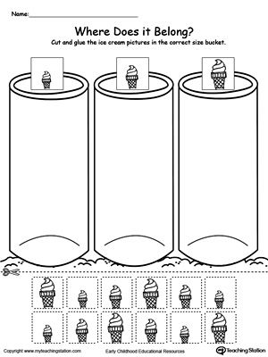 **FREE** Sort by Size: Ice Cream Worksheet. Sort the ice cream by size and place them in the small, medium or large bucket in this #sorting #printable #worksheet. Sort By Size, Math Sort, Size Sorting, Ice Cream Theme, Math Printables, Kindergarten Math Worksheets, Sorting Activities, Basic Math, Preschool Math