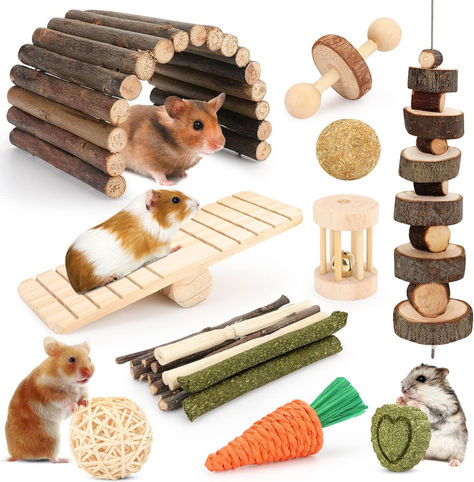 Perfect natural toys for small rodent animals to grind down those teeth. Chew sticks come in sweet bamboo, apple wood, and timothy hay flavors. Coming with tasty treats: timothy hay cake and timothy hay ball. Keep them away from the cage and your furniture! Hamster Accessories, Cage Hamster, Guinea Pig Accessories, Guinea Pig (toy), Pig Toys, Hamster Toys, Guinea Pig Toys, Wooden Rabbit, Hamster Cage