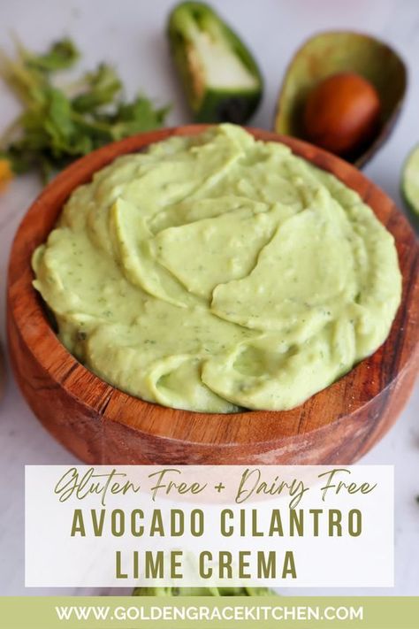 This dairy-free avocado cilantro lime crema is so creamy and packed with flavor you are going to fall in love! You can use this avocado cilantro lime crema as an aioli, a dip, a dressing, a sauce, the list is endless. This Avocado crema with lime pairs with my chicken burger and pico. Avocado Lime Crema, Shredded Chicken Salads, Cilantro Lime Crema, Avocado Lime Dressing, Avocado Dishes, Creamy Avocado Dressing, Lime Crema, Avocado Crema, Avocado Pesto