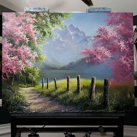 Kevin Hill Paintings, Spring Trees, Cherry Blossom Painting, Oil Painting Techniques, Landscape Art Painting, Canvas Painting Diy, Pink Spring, Nature Art Painting, Bob Ross