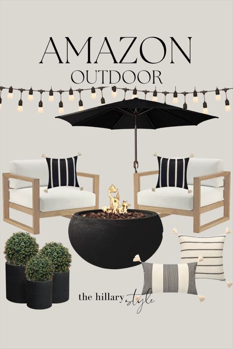 Modern Patio Inspiration, Neutral Patio Decor Ideas, Pool Furniture Ideas Decor, Covered Patio Ideas Decor, Backyard Wall Decor Ideas, Black Patio Decor, Black And White Outdoor Decor, Patio Set Up Ideas, Backyard Patio Furniture Ideas