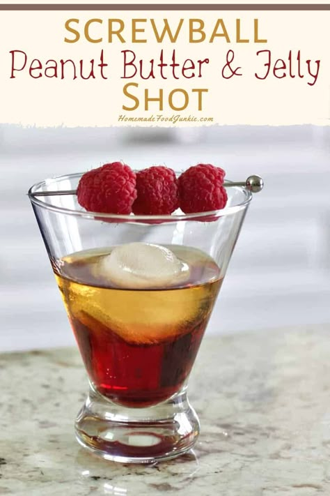 A tasty mix of Screwball peanut butter whiskey with Chambord and PB&J create this cocktail. Slightly sweet with a rich peanut butter flavor give this classic combo a grown up kick. #screwballwhiskey #peanutbutter #pb&j #peanutbutterwhiskey #shot #cocktail Pb J Shots, Screwball Pb&j, Peanut Butter Shots Alcohol, Peanut Butter And Jelly Drink, Peanut Butter Drinks Alcohol, Screwball Shots, Peanut Butter Whisky Drinks, Peanut Butter Whiskey Shots, Chocolate Cake Shot