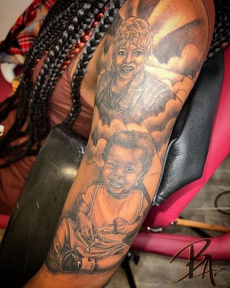 Memorial Portraits Tattoos, Rip Grandma Tattoos Black Women, Tattoos For Memorial Black People, Memorial Portrait Tattoo, Tattoo Portrait, Rip Grandma Tattoos, Memorial Sleeve Tattoos For Women, Tattoo For Grandma, Grandma Tattoo