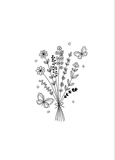 Cute Tree Tattoo, Fine Line Flower Drawings, Womens Tattoo Designs, Flower Tattoo Flash, Flower Butterfly Tattoo, Flower Draw, Butterfly Line Art, Flower Bouquet Drawing, Bouquet Tattoo