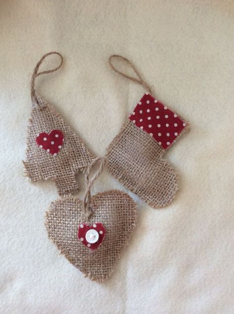 Set of 3 Handmade hessian burlap Christmas tree decorations Burlap Christmas Tree Decorations, Hessian Crafts, Burlap Christmas Decorations, Burlap Christmas Ornaments, Xmas Goodies, Burlap Christmas Tree, Felt Christmas Decorations, Burlap Crafts, Burlap Christmas