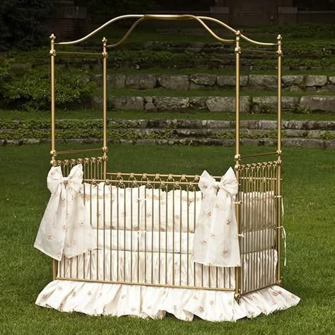 Complete stationary canopy metal crib. 80" Canopy Height 73.5" Finial Height, 71" Post Height 42.5" Headboard / Footboard Height 36" Side-Rail HeightBoth shown with finial CF068 Fleur de LisBedding shown by Lulla Smith. Shown in finishes Q4 Sunray Gold and #107 White Matte. 4 popular finishes given on this page. You can also select from 100+ exotic finishes available - just mention during checkout or email us. Stock size: Width 36", Length 80" You can also select from 100+ exotic finishes availa Gold Crib, Iron Crib, Canopy Crib, Royal Nursery, Metal Crib, Baby Luxury, Window Canopy, Baby Girls Room, Backyard Canopy