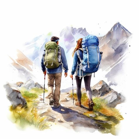 Hiking Painting, Hiking Art, Hiking Couple, Man Vs Nature, Backpack Art, Hiking Photos, Human Sketch, Watercolor Paintings Nature, Mountain Drawing