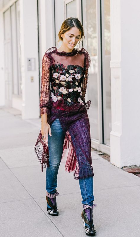 This is how you do a dress over jeans! (7 Standout Outfit Combinations Inspired by Street Style via @WhoWhatWear) Dress Over Jeans, Dress Over Pants, Street Style 2017, Nyfw Street Style, Pant Trends, Looks Street Style, Outfit Combinations, Sheer Dress, Outfits Casuales