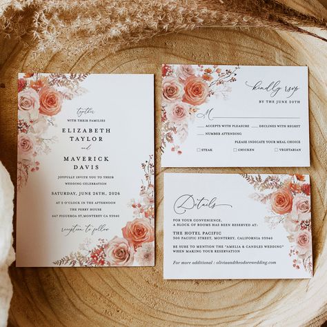 Terracotta Wedding Invitation Template Set, Boho Floral Wedding Invites Suite, Burnt Orange Coral Pink Rose Elegant Details, RSVP, Download Terracotta Wedding Invitation, Boho Floral Wedding, Envelope Liner Template, Electronic Save The Date, Terracotta Wedding, Minimalist Wedding Invitations, Orange Coral, Wedding Invitations Diy, Wedding Invitation Sets