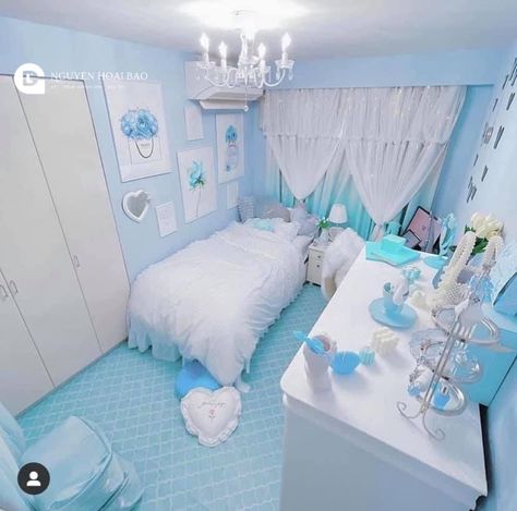 Kawaii Blue Room, Cinnamoroll Room Ideas, Sky Blue Room Ideas Bedroom, Cinnamoroll Bedroom, Baby Blue Bedrooms, Sanrio Bedroom, Favorite Color Blue, Blue Room Decor, Kawaii Bedroom