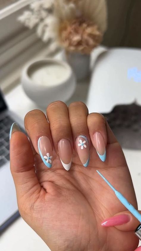 Nail Extension Designs Summer, Summer Nail Inspo 2024 Almond, Portugal Nails, Spring Nails Inspiration, Dark Academia Color, Almond Shaped Nails Designs, Salon Nails, Summer Acrylic, Bluey Birthday