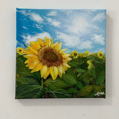 Field of sunflower painting tutorial for beginner Small Canvas Paintings Sunflower, Sunflower Field Acrylic Painting, Field Of Sunflowers Painting, Sunflower Field Drawing, Sunflower Painting Tutorial, Sunflower Painting Ideas, Acrylic Sunflower Painting, Figure Painting Tutorial, Sunflower Painting Acrylic