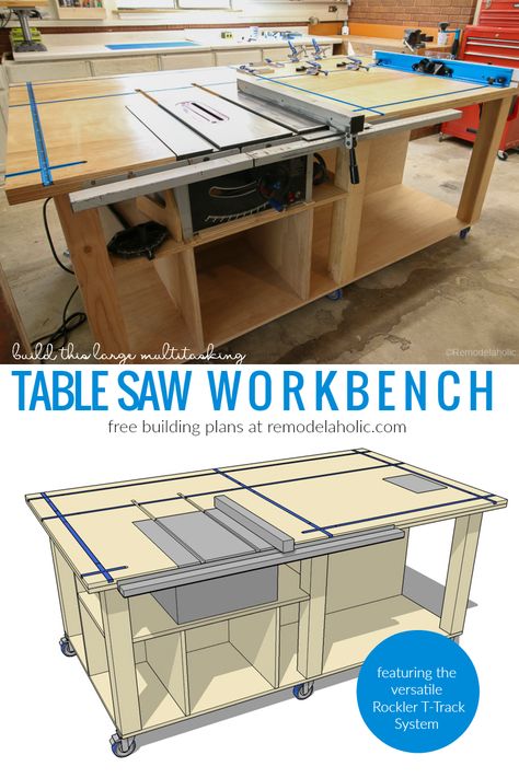 Build this combo table saw workbench and router table using the free building plans. Features the Rockler T-track System, a bench vise, and plenty of tool storage space. #remodelaholic #sponsored #rockler #woodworking #woodworkingtools Table Saw Station, Workbench Table, Table Saw Workbench, Table Saw Fence, Doors Diy, Table Saw Stand, Free Building Plans, Table Saw Jigs, Mobile Workbench