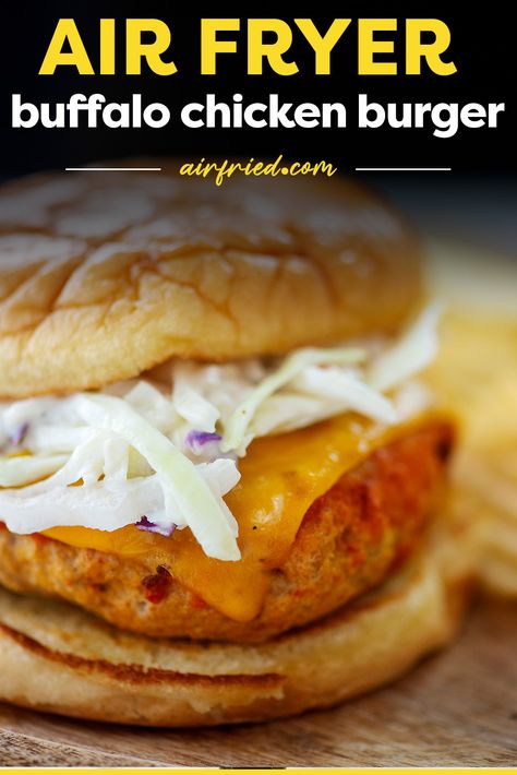 Air Fryer Buffalo Chicken Burgers cook perfectly in about 15 minutes! Buffalo sauce and a ranch slaw topping make these burgers so flavorful and a fun twist from the usual. Buffalo Turkey Burgers, Ranch Slaw, Air Fryer Buffalo Chicken, Ground Turkey Burgers, Buffalo Chicken Burgers, Chicken Hamburger, Ground Chicken Burgers, Buffalo Burgers, Hot Chicken Sandwiches