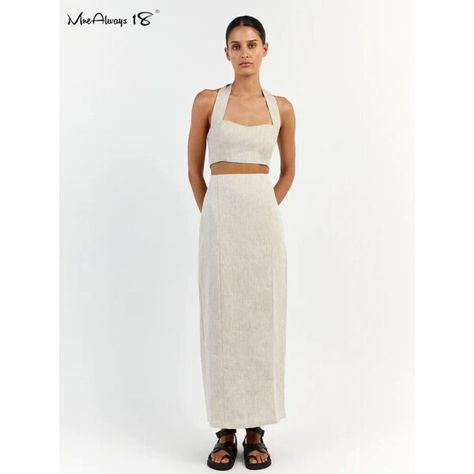 US $23.10 50％ Off | Mnealways18 Elegant Cotton Linen Skirts Sets Vacation 2023 Bandage Top Women High Waist Split Skirts Summer 2-Piece Skirts Sets Two Piece Long Dress, Linen Skirts, Long Skirt Suits, Bandage Top, Linen Design, Linen Crop Top, 2 Piece Skirt Set, Linen Crops, Split Skirt