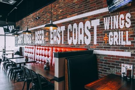 Chicken Wings Restaurant Interior Design, Wing Restaurant Design, Wings Restaurant Design, Bar And Grill Restaurant Ideas, Grill Restaurant Design, Wing Restaurant, Partition Design Ideas, Grill Wall, Room Aesthetic Decor