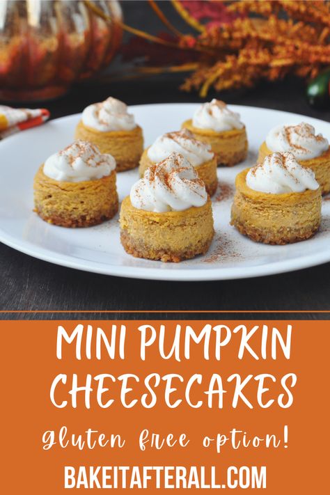 Mini Pumpkin Cheesecakes have a creamy pumpkin filling and a spiced graham cracker crust in a bite sized dessert perfect for fall! Gluten free dessert option included. #pumpkinrecipes #pumpkincheesecake #pumpkincheesecakerecipes #pumpkincheesecakebars #pumpkincheesecakebites #pumpkincheesecakerecipeseasy #minicheesecakes #minicheesecakerecipes #minicheesecakerecipeseasy #minicheesecake #minicheesecakebites #thanksgivingdesserts #glutenfreerecipes #glutenfreedesserts #youregonnabakeitafterall Pumpkin Cheesecake Filling, Mini Cupcake Recipes, Gluten Free Pumpkin Cheesecake, Healthy Pumpkin Cheesecake, Pumpkin Cheesecakes, Pumpkin Pie Cookies, Mini Pumpkin Cheesecake, Pumpkin Cheesecake Recipes, Gluten Free Cheesecake