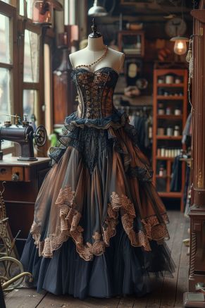 Plongez dans l'éclat du passé revisité avec notre dernière création steampunk. Cette robe élégante incarne l'essence de l'innovation victorienne, mêlant cuir patiné et engrenages en laiton dans un corset sophistiqué qui se fond dans une jupe volumineuse en tulle et dentelle. Exposée dans notre atelier de tailleur vintage, cette pièce unique invite à un voyage à travers le temps, où la technologie à vapeur et l'esthétique raff Anne Bonny, Steampunk Store, Corset Steampunk, Jenny Lind, Black Widow, Couture