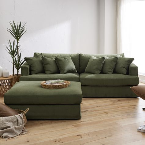 Green Corduroy Couch, Comfy Corduroy Couch, Big Comfy Green Couch, Corduroy Sectional Couch, Green Sectional Sofa Article, 4 Seat Sofa, Single Living, Corduroy Sofa, Cute Bedding