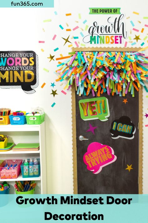 Keep positive vibes in your classroom with this growth mindset door decoration. This idea will will be sure to make your door stand out! Growth Mindset Classroom Theme, Classroom Door Decoration Ideas, Superhero Classroom Decorations, Growth Mindset Display, Art Room Doors, Door Decoration Ideas, School Office Decor, Growth Mindset Classroom, School Door Decorations