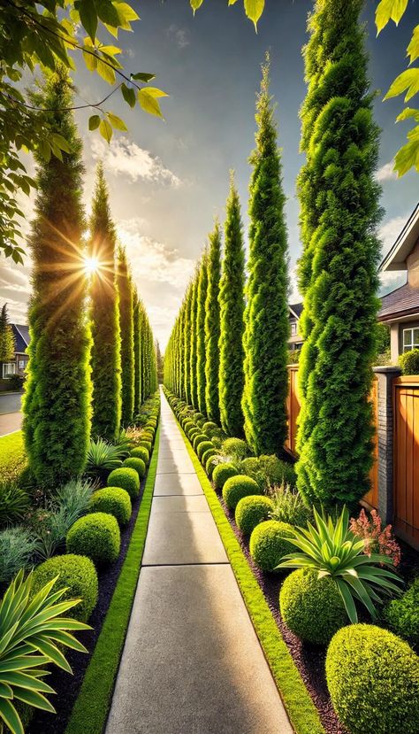 15+ Beautiful Tree Fence Ideas to Boost Your Garden’s Appeal 31 Tree Fence Ideas, Fence Gardening, Boxwood Landscaping, Thuja Green Giant, Backyard Transformation, Tree Fence, Oasis Backyard, Backyard Renovation, Leyland Cypress