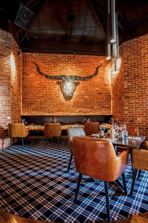 MPD Steak Kitchen designed by Lukas Partners in Melbourne, Australia. Photography: Marvelle Photography Steak House Restaurant Design, Pork Restaurant Design, Steak House Interior Design, Smokehouse Restaurant Design, Steak House Design Restaurants, Texas Restaurant Design, Cowboy Restaurant Design, Steakhouse Restaurant Interior, Steak Restaurant Design