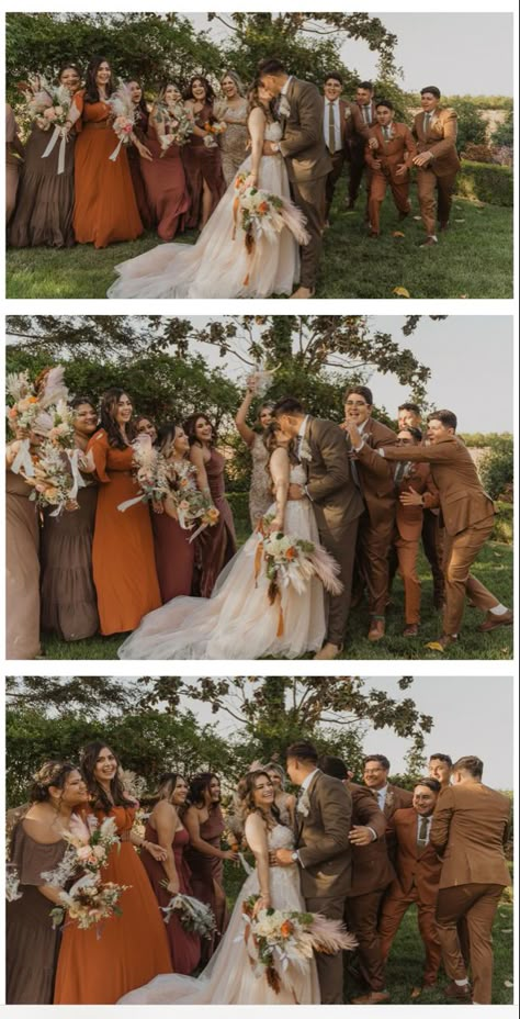 Wedding Fall Outfits, Brown And Orange Wedding Colors, Maroon Tan Green Wedding, Groomsmen Attire Autumn Wedding, Orange Green Tan Wedding, Rustic Fall Wedding Bridesmaids Dresses, Terracotta Mix And Match Bridesmaid Dresses, Brown Tux Groomsmen, Rust Fall Wedding Color Schemes