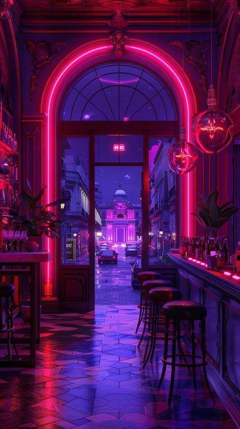 Cyberpunk Hotel, Cyberpunk Interior Design, Neon Cyberpunk Aesthetic, Cyberpunk House, Club Design Interior, Cyberpunk Interior, Cyberpunk Cities, Background Bar, Bar Background