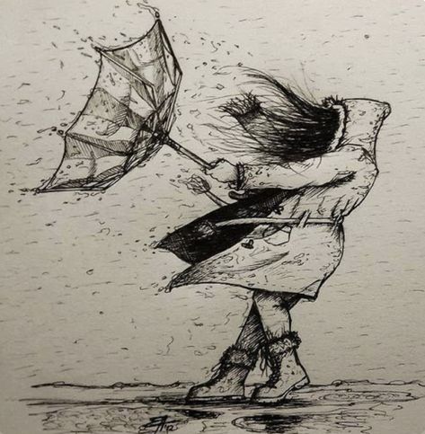 Windy Hair Drawing, Windy Day Drawing, Windy Art, Weather Drawing, Wind Drawing, Umbrella Drawing, Weather Art, Pen Art Work, Rain Art