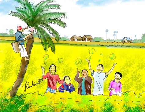 Winter Morning Drawing, Bangladesh Drawing, Morning Drawing, Village Drawing, Child Painting, Winter Drawings, Oil Pastel Drawings Easy, Colour Drawing, Drawing Scenery