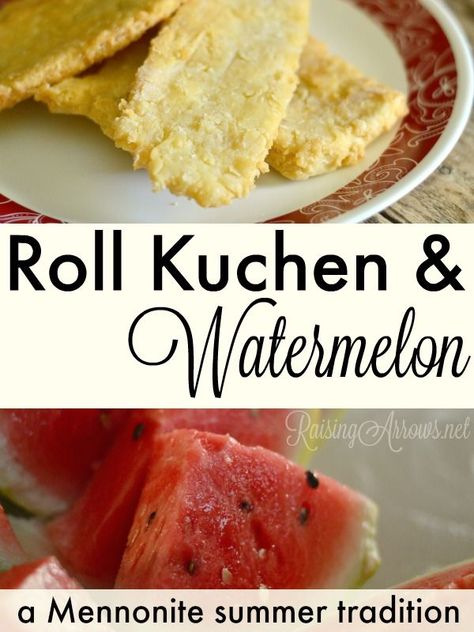 The recipe for one of my favorite German Mennonite summer traditions of salty fried bread known as roll kuchen served up with a thick slice of watermelon. via @amyraisingarrows Roll Kuchen Recipe Mennonite, Russian Mennonite Recipes, Table Meals, Mennonite Recipes, Recipe For One, Fried Bread, Summer Traditions, Large Family Meals, Fritters Recipe