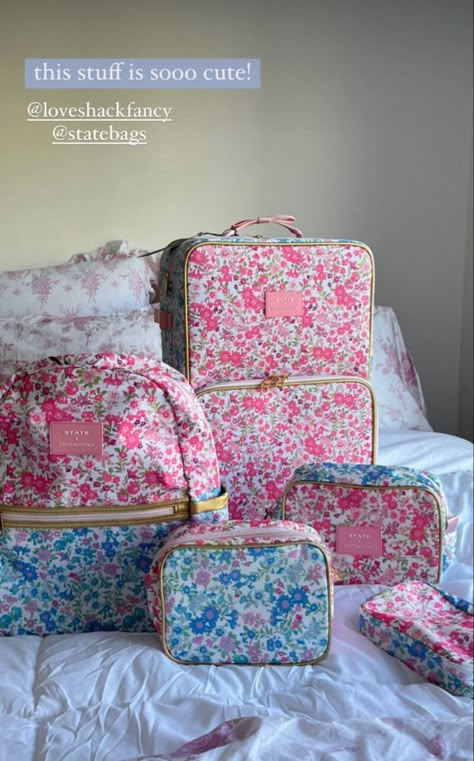 Love Shack Fancy Suitcase, Preppy Suitcase, Preppy Luggage, Preppy Travel Bags, Preppy School Supplies, Preppy Travel, Cute Suitcases, Cute Luggage, Birthday Basket