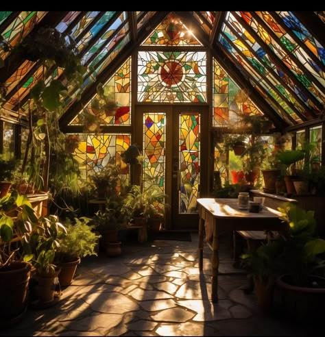 Fairycore House Aesthetic, Stained Glass Cottage, Glass Arboretum, Stained Glass Window In House, Cottage Core Greenhouse, Small House Library, Stained Glass Greenhouse, Green House Interior Design, Green House Interior Ideas