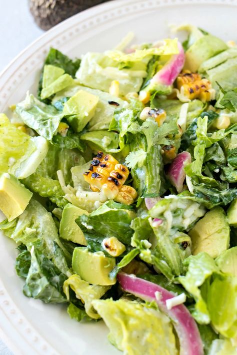 Avocado and Charred Corn Salad with Cilantro Ranch Dressing - CPA: Certified Pastry Aficionado Corn Salad With Cilantro, Charred Corn Salad, Salad With Ranch Dressing, Cilantro Ranch Dressing, Salad With Ranch, Cilantro Ranch, Charred Corn, Leafy Salad, Ranch Salad