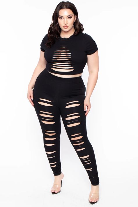 Plus Size Distressed Legging & Crop Top Set - Black– Curvy Sense Distressed Leggings, Dark Summer, Clothing Tips, Night Fashion, Affordable Plus Size Clothing, Spring Styles, Crop Top Set, Knit Bodysuit, Curvy Jeans