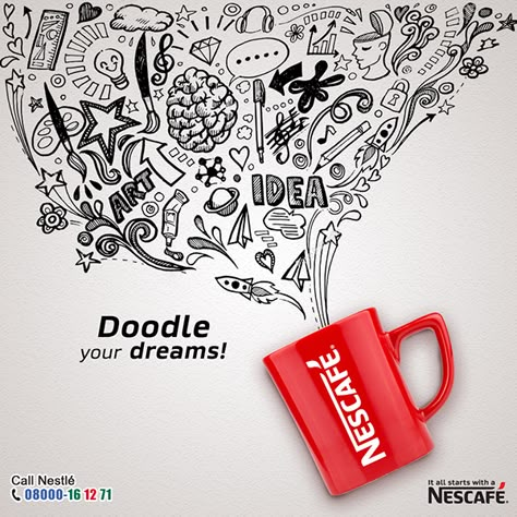 Doodle Art Advertising, Brand Advertising Poster, Advertisement Drawing Ideas, Nescafe Advertisement Poster, Nescafe Advertisement, Creative Advertising Design Graphics, Doodle Advertising, Doodle Poster Design, Nescafe Ads