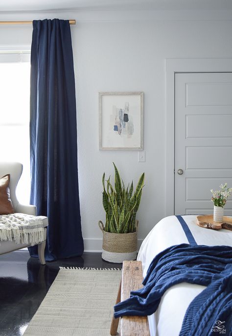 Minted abstract art Bedroom reveal navy linen curtains with blackout liner snake plant in basket navy and white banded bedding transitional style master bedroom-2 Blue Curtains Bedroom, Plant In Basket, Abstract Art Bedroom, Boho Style Room, Modern Boho Bedroom, Luxury Bedding Master, Bedroom Reveal, Bedroom Curtains, Decor Ikea