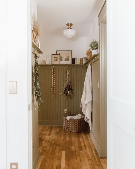 Beadboard Hallway, Installing Beadboard, Hallway Update, Art Ledge, Cottage Hallway, Hallway Panelling, Photo Ledge, Picture Rail, Small Hallways