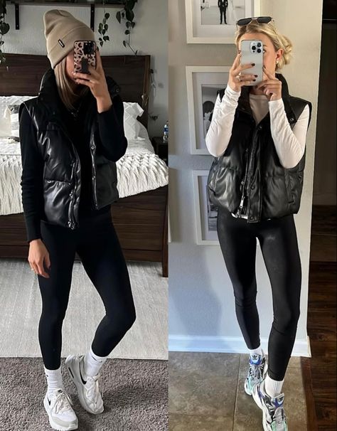 Faux Leather Puffer Vest How To Style A Black Cropped Puffer Vest, Black Faux Leather Vest Outfit, Black Faux Leather Puffer Vest Outfit, Black Leather Puffer Vest Outfit, Faux Leather Vest Outfit, Leather Puffer Vest Outfit, Black Puffer Vest Outfit, Puffer Vest Outfits, Leather Vest Outfit