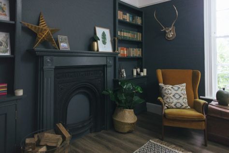 Snug painted in Farrow and Ball Downpipe - Rock My Style | UK Daily Lifestyle Blog Reading Snug, Snug Decor, Moody Room, Cosy Snug, Victorian Rooms, Rock My Style, Snug Room, Fireplace Shelves, Dark Living Rooms