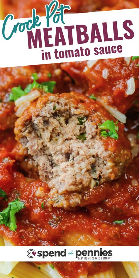 Crockpot Meatballs are an effortless way to prepare tender and delicious meatballs! No need to pre brown these meaty morsels, they cook perfectly right in the crock pot. Sauced up with a rich and chunky tomato sauce and you have a classic Italian style meal, easy as pie! #spendwithpennies #crockpot #meatballs #crockpotmeatballs #easyrecipe #meatballrecipe #italianmeatball #makeahead #meatballswithsauce Chunky Tomato Sauce, Delicious Meatballs, Crockpot Meatballs, Meatball Recipes Crockpot, Italian Meatballs Recipe, Classic Italian Style, Crock Pot Meatballs, Tasty Meatballs, Slow Cooker Meatballs