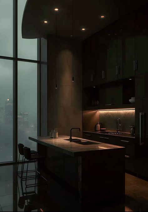 City Apartment Aesthetic Kitchen, Dream City Apartment, Mens Kitchen Ideas Apartment, Dark Feminine Aesthetic Apartment, Dark Luxury Apartment, Apartment Dark Aesthetic, Dark Apartment Aesthetic, Dark Modern Luxury, Black Apartment Aesthetic