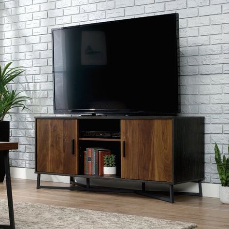 Union Rustic Aubrianna Desk & Reviews | Wayfair.ca Entertainment Credenza, Tv Credenza, Industrial Tv Stand, Industrial Style Home, Black Tv Stand, Wooden Tv Stands, Black Tv, Tv Stand With Storage, Tv Stands And Entertainment Centers